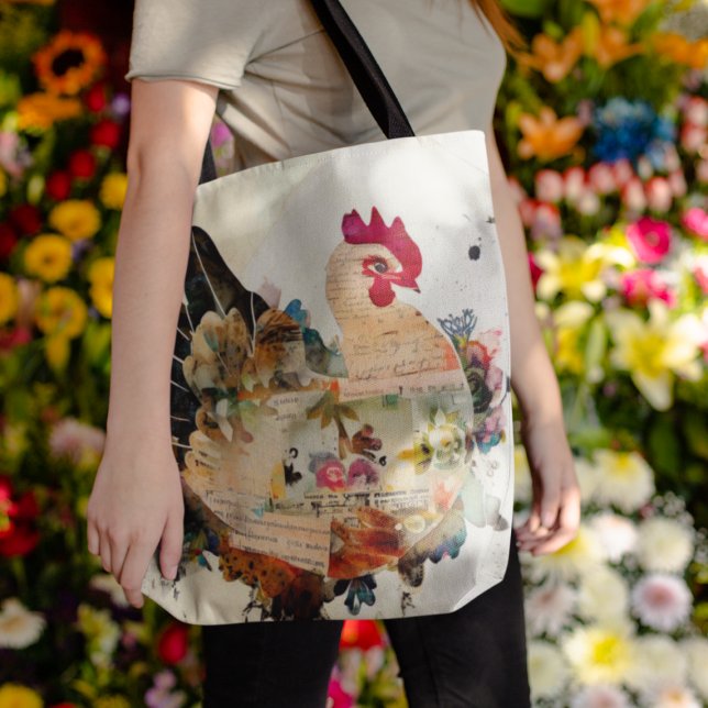 Chicken Mixed Media Art Collage Tote Tygkasse (Scrapbook collage style chicken on one side...)