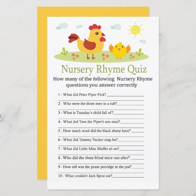 Chicken Nursery Rhyme Quiz babyduschspel (Fram/baksida)