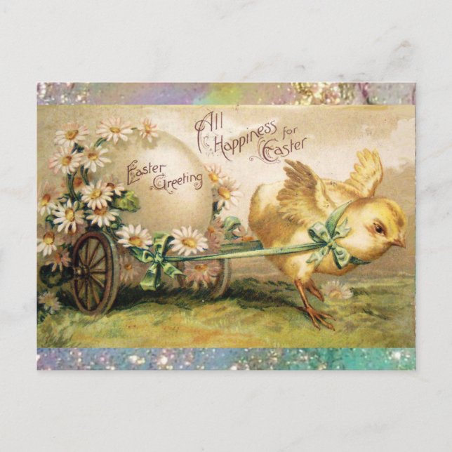 CHICKEN PULLING PÅSKÄGG MED HAND CART HELG VYKORT (Framsida)