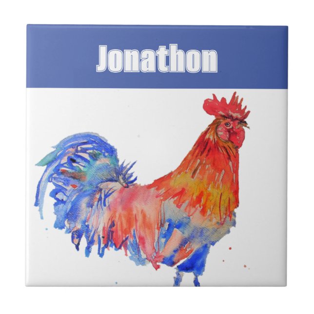 Chicken Rooster Bird Kids Boys Name Blue Red Kakelplatta (Framsidan)