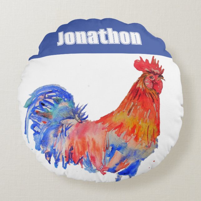 Chicken Rooster Bird Kids Boys Name Blue Red Rund Kudde (Framsidan)