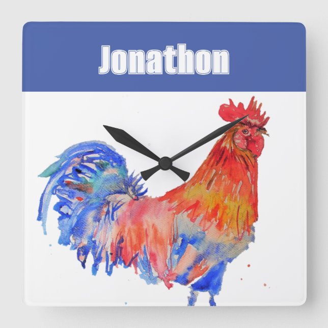 Chicken Rooster Bird Kids Boys Name Notebook Fyrkantig Klocka (Framsida)
