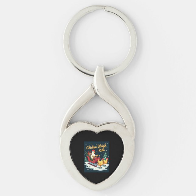 Chicken Sleigh Ride Twisted Heart Silverfärgad Nyckelring (Framsidan)