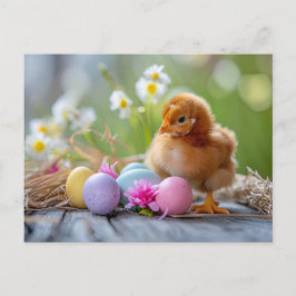 Chicken stands beside an Easter nest with eggs Vykort