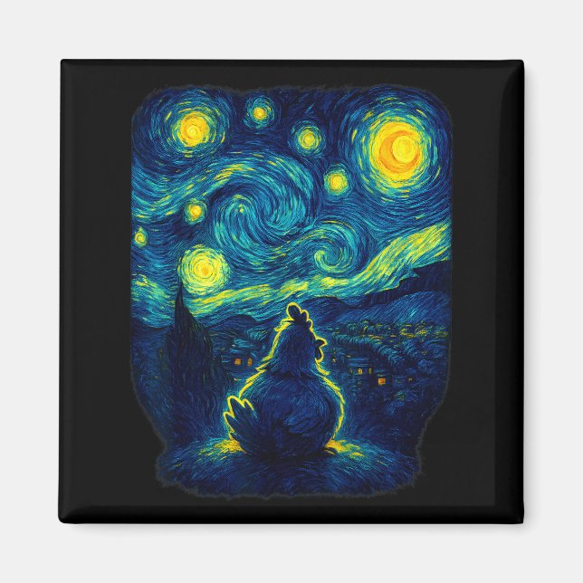 Chicken Starry Funny Night Van Gogh Farm Lover Gir Magnet (Framsidan)