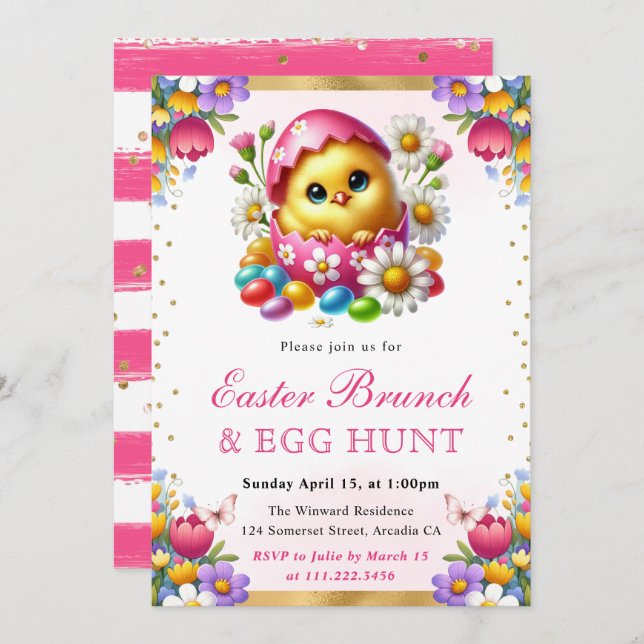 Chicken Watercolor Vår i Egg Påsk Brunch Inbjudningar (Fram/baksida)