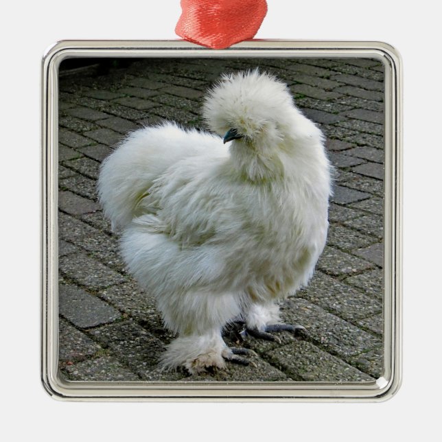 Chicken White Silkie Photo Julgransprydnad Metall (Framsidan)