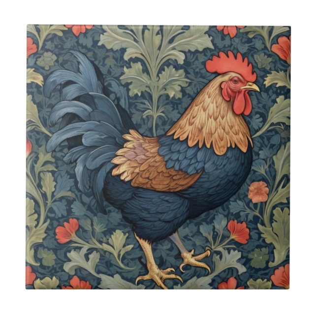 Chicken William Morris stil Höger mot Tupp Kakelplatta (Framsidan)