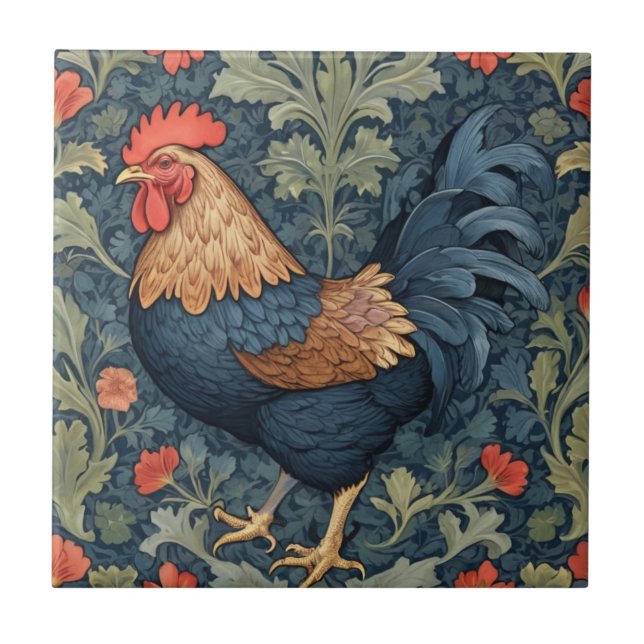 Chicken William Morris stil Lämnat mot Tupp Kakelplatta (Framsidan)