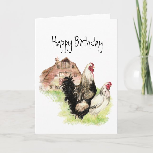 Chickens & Barn Farm Scene Blank Birthday Kort (Framsida)