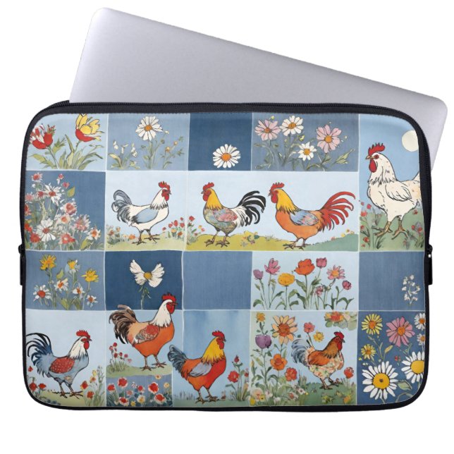 Chickens Blommigt Retro Denim Patchwork Squares Laptop Fodral (Framsidan)