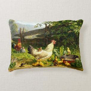 Chickens Hen Tupp & Baby Chickar på gården Prydnadskudde
