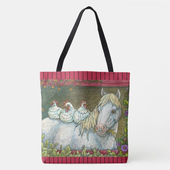 CHICKENS I STABIL, HORSE TOTE BAG Red Tygkasse (Framsida)