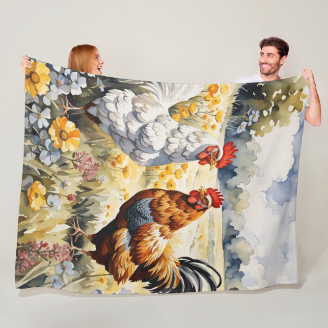 "Chickens in Bloom: Enchanting Fleece Blanket (På plats)