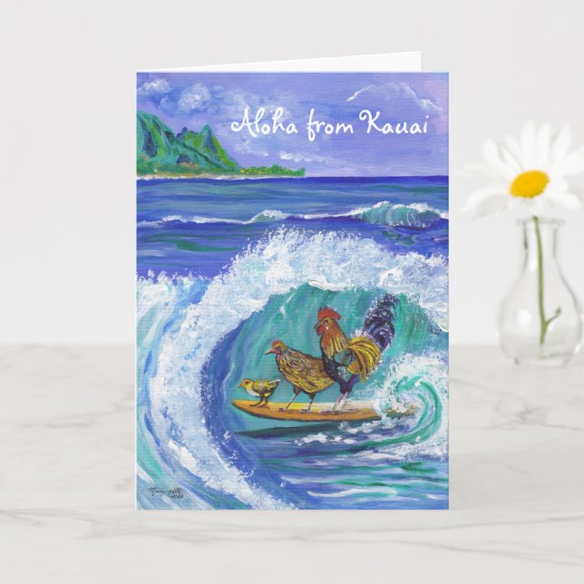 Chickens och Tupp Surfing Kauai Beach Card Kort (Liten växt)