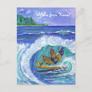 Chickens och Tupp Surfing Kauai Beach Postcard Vykort