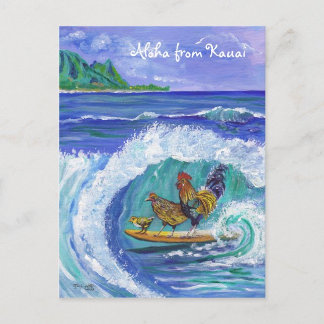 Chickens och Tupp Surfing Kauai Beach Postcard Vykort (Framsida)