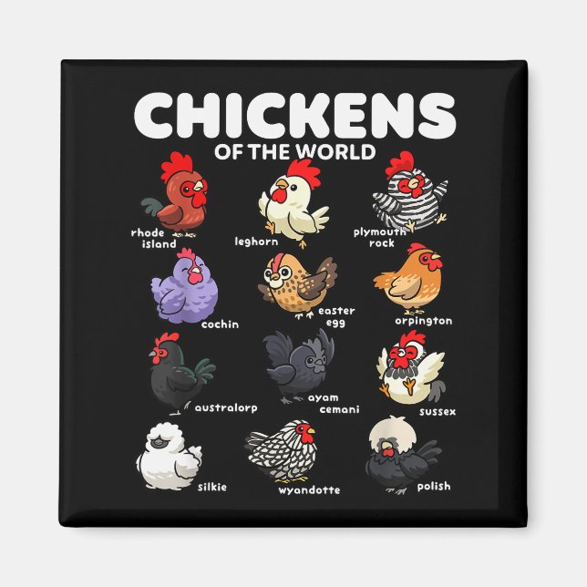 Chickens Of The World Funny Cartoon Chicken Breeds Magnet (Framsidan)