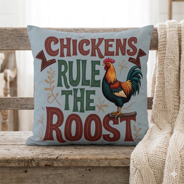 Chickens Regel Roost Rustic Farm Illustration Kudde (Chickens Rule the Roost Rustic Farm Illustration Throw Pillow Mockup A)