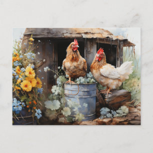 Chickens Tin Bucket Chicken Coop Gula blommor Vykort