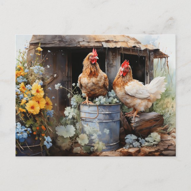 Chickens Tin Bucket Chicken Coop Gula blommor Vykort (Framsida)