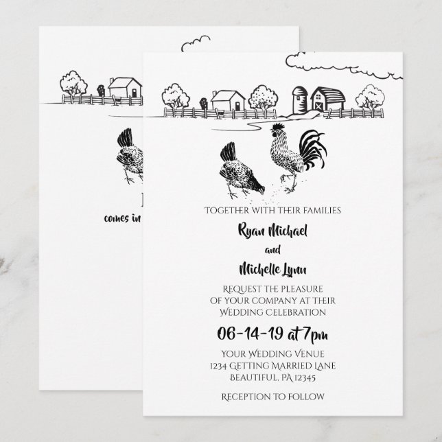 Chickens Tupp, Hen | Black, White Farm Bröllop Inbjudningar (Fram/baksida)