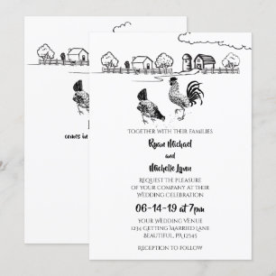 Chickens Tupp, Hen Black, White Farm Bröllop Inbjudningar