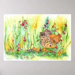 Chickens vattenfärgsfärgtoning Hen Tupp Art Poster