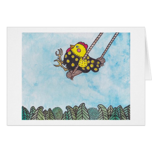 Chickie på en gunga en avbilda som skapar leenden hälsningskort (Framsidan Horizontal)