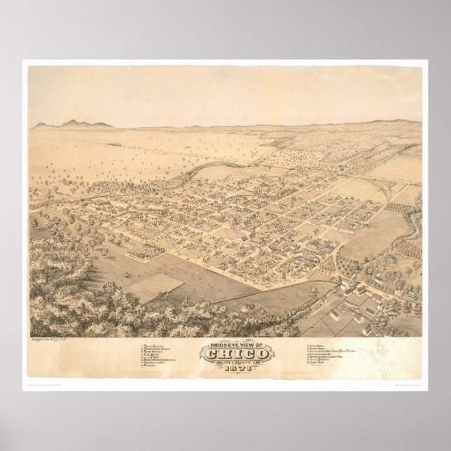 Chico, CA. Panoramisk Karta 1871 (0272A) Poster (Framsidan)