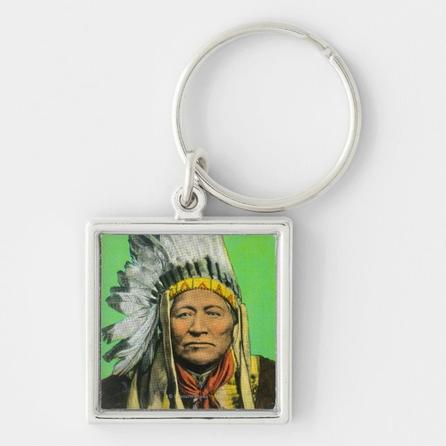 Chief Washakie Porträtt Fyrkantig Silverfärgad Nyckelring (Framsidan)