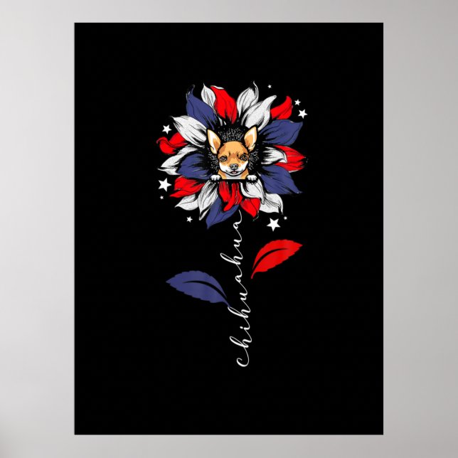 Chihuahua 4:e juli Solrosotisk patriotisk Poster (Framsidan)