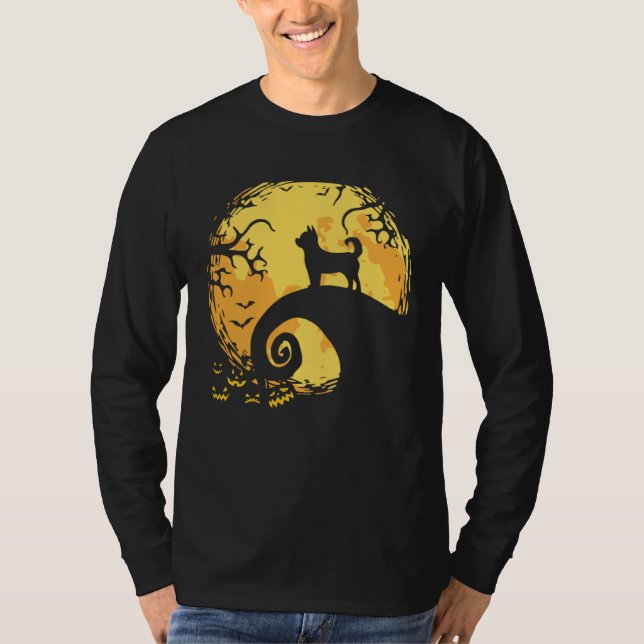 Chihuahua and Moon Silhouette Dog  Halloween T Shirt (Framsida)