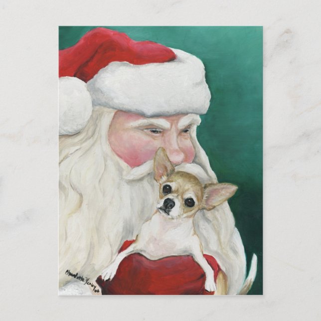 "Chihuahua and Santa" Hund Art Postcard Helg Vykort (Framsida)