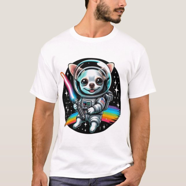 Chihuahua Astronaut med Rainbow Lightsaber i SP T Shirt (Framsida)