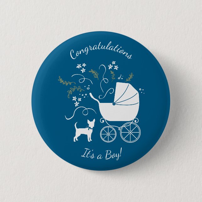 Chihuahua Baby Shower Blue Boy Hund Knapp (Framsida)