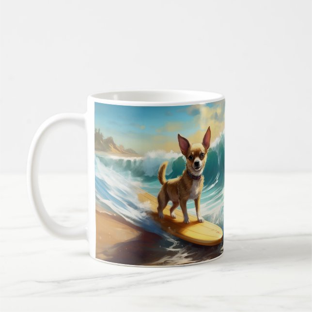 Chihuahua Beach Surfing Målning Kaffemugg (Vänster)