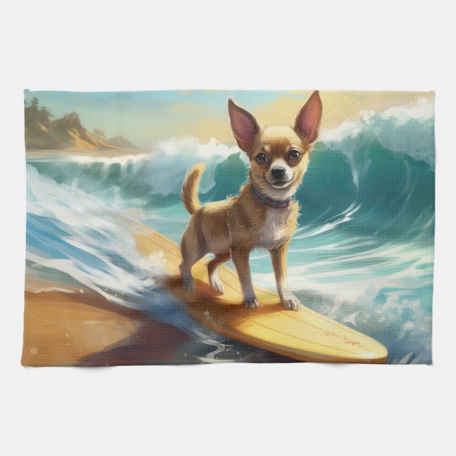 Chihuahua Beach Surfing Målning Kökshandduk (Horisontell)