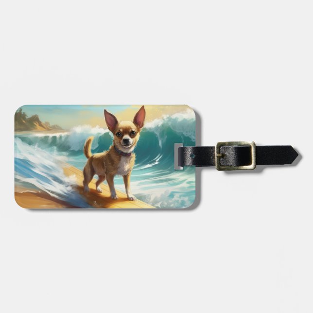 Chihuahua Beach Surfing Painting Bagagebricka (Horisontell Framsida)