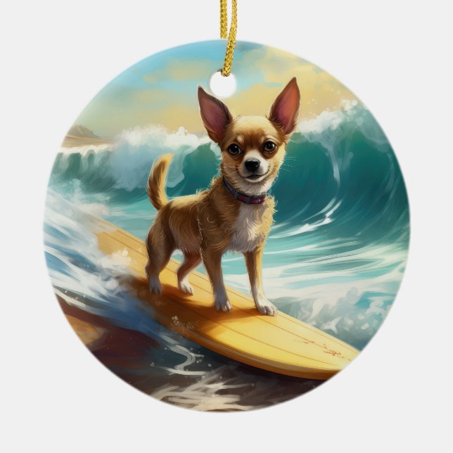 Chihuahua Beach Surfing Painting Julgransprydnad Keramik (Framsidan)