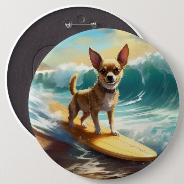 Chihuahua Beach Surfing Painting Knapp (Framsida & baksida)