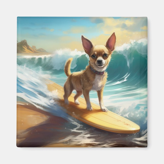 Chihuahua Beach Surfing Painting Magnet (Framsidan)