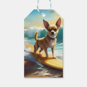 Chihuahua Beach Surfing Painting Presentetikett
