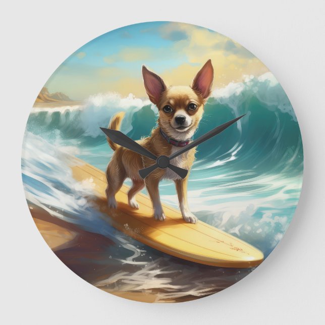 Chihuahua Beach Surfing Painting Stor Klocka (Framsida)