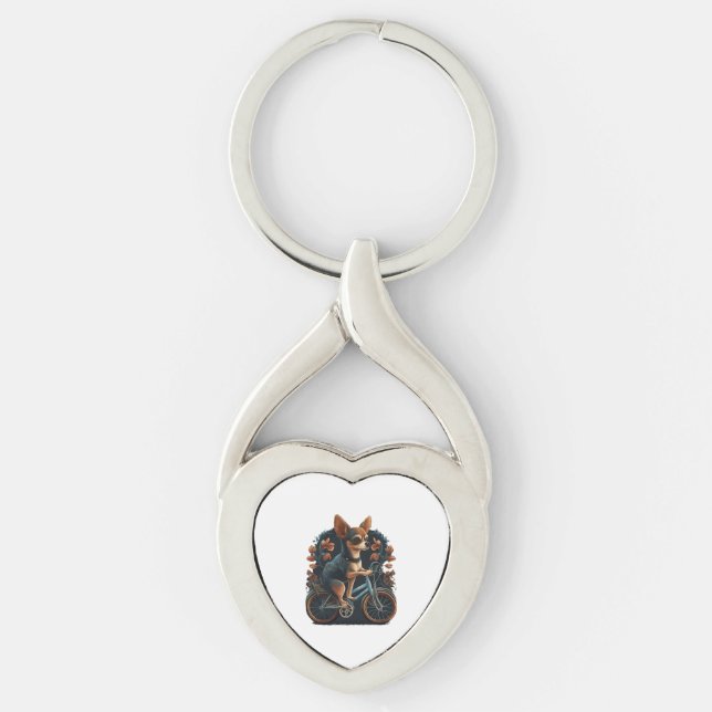 Chihuahua Bike Bicycle Hund Cycling Twisted Heart Silverfärgad Nyckelring (Framsidan)