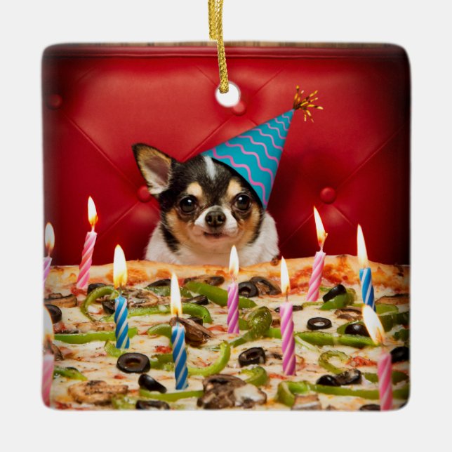 Chihuahua Birthday Pizza Paj Julgransprydnad Keramik (Framsida)