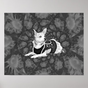 Chihuahua Blommigt Vintage Black and White Hund Ar Poster