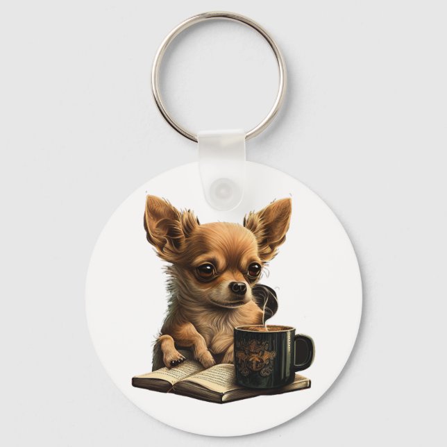 Chihuahua Bok Coffee Tea Reading Nyckelring (Framsida)