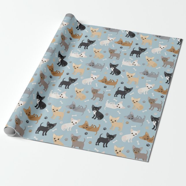 Chihuahua Bones och Tass Blue Wrapping Papper Presentpapper (Utrullad)