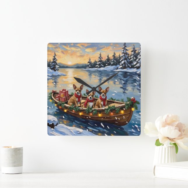 Chihuahua Christmas Boat Holiday Fyrkantig Klocka (Hem)